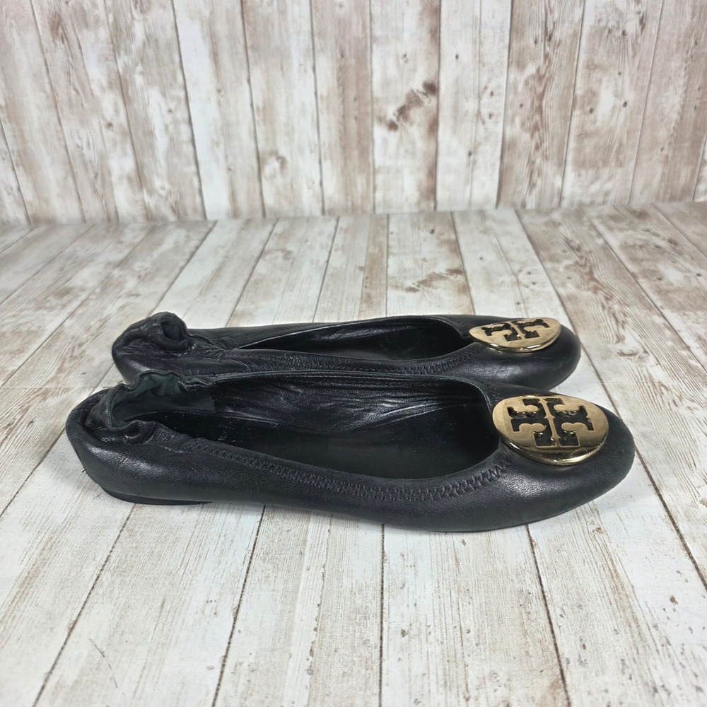 Tory Burch Black Leather Ballet‎ Flats Gold Logo Medallion Women's Shoes